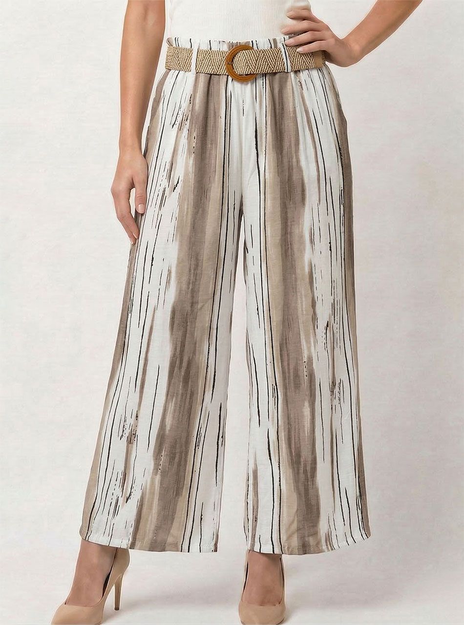 Gumis derekú, mintás lenge nadrág övvel (tejeskávé)