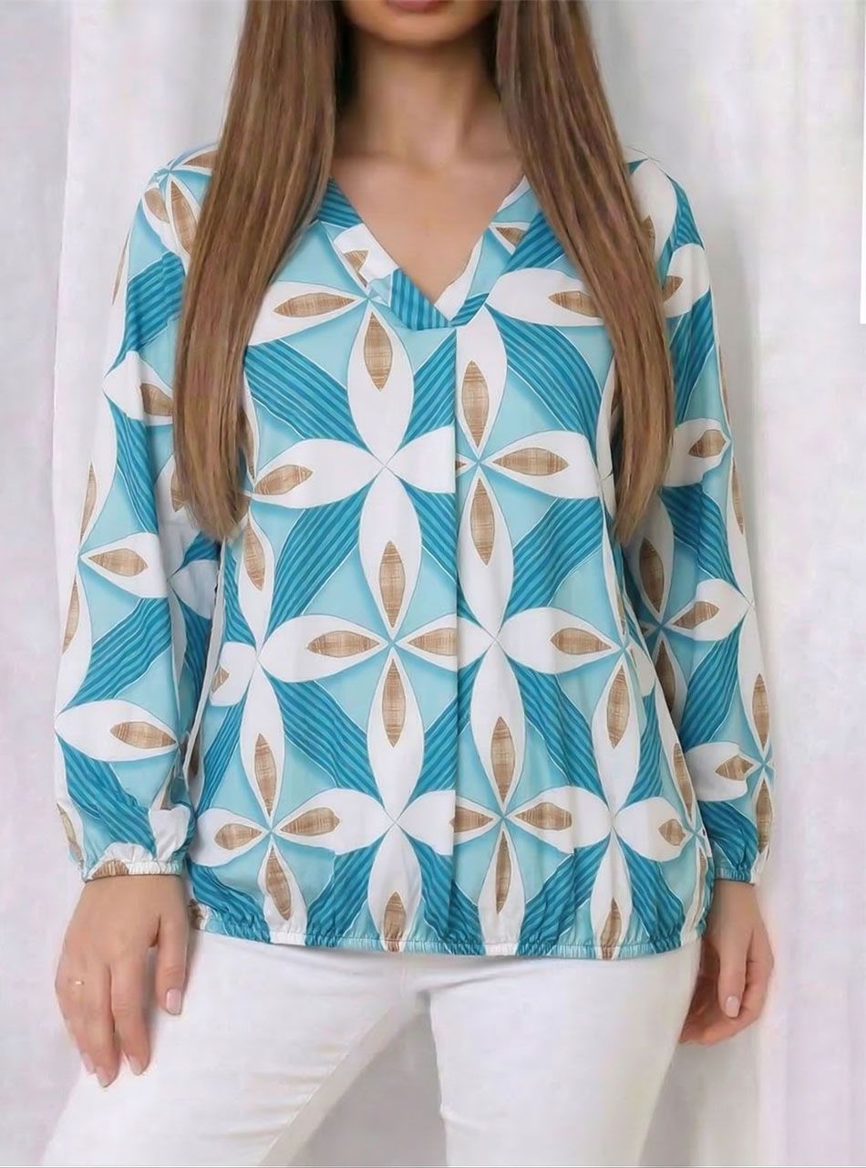 Alján, ujján gumírozott, V kivágású mintás felső X.