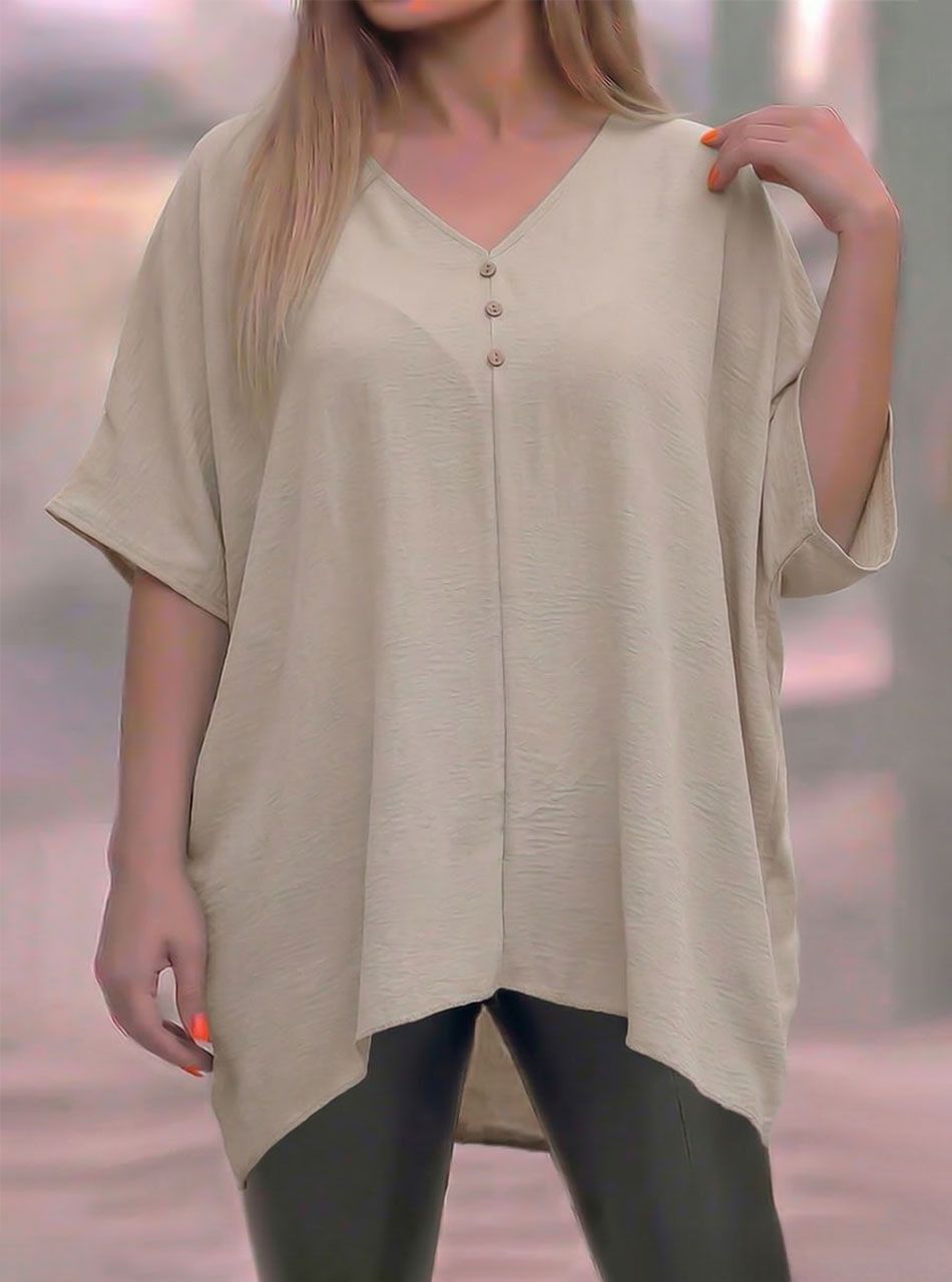 V nyakú, gombdíszes extra bő felső (bézs)