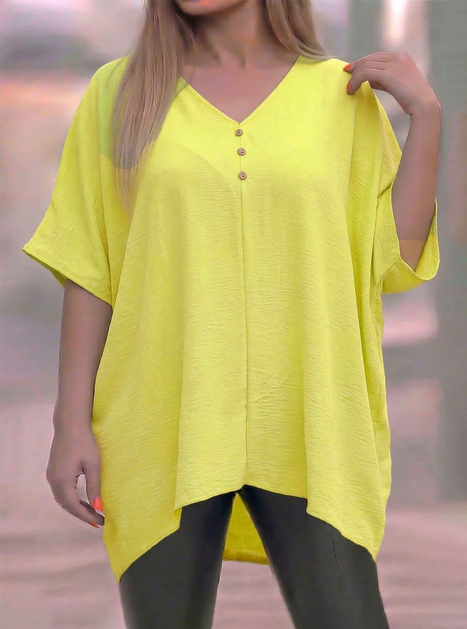 V nyakú, gombdíszes extra bő felső (sárga)