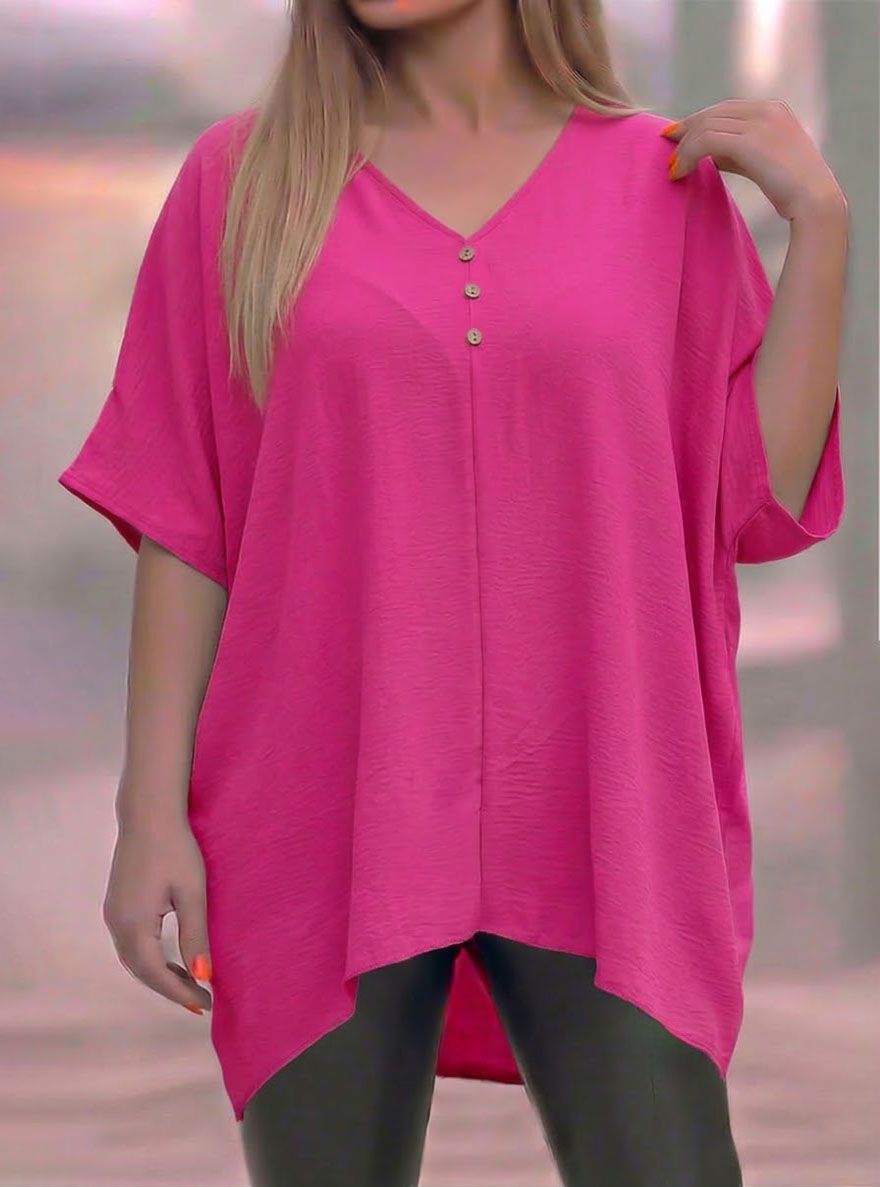 V nyakú, gombdíszes extra bő felső (pink)