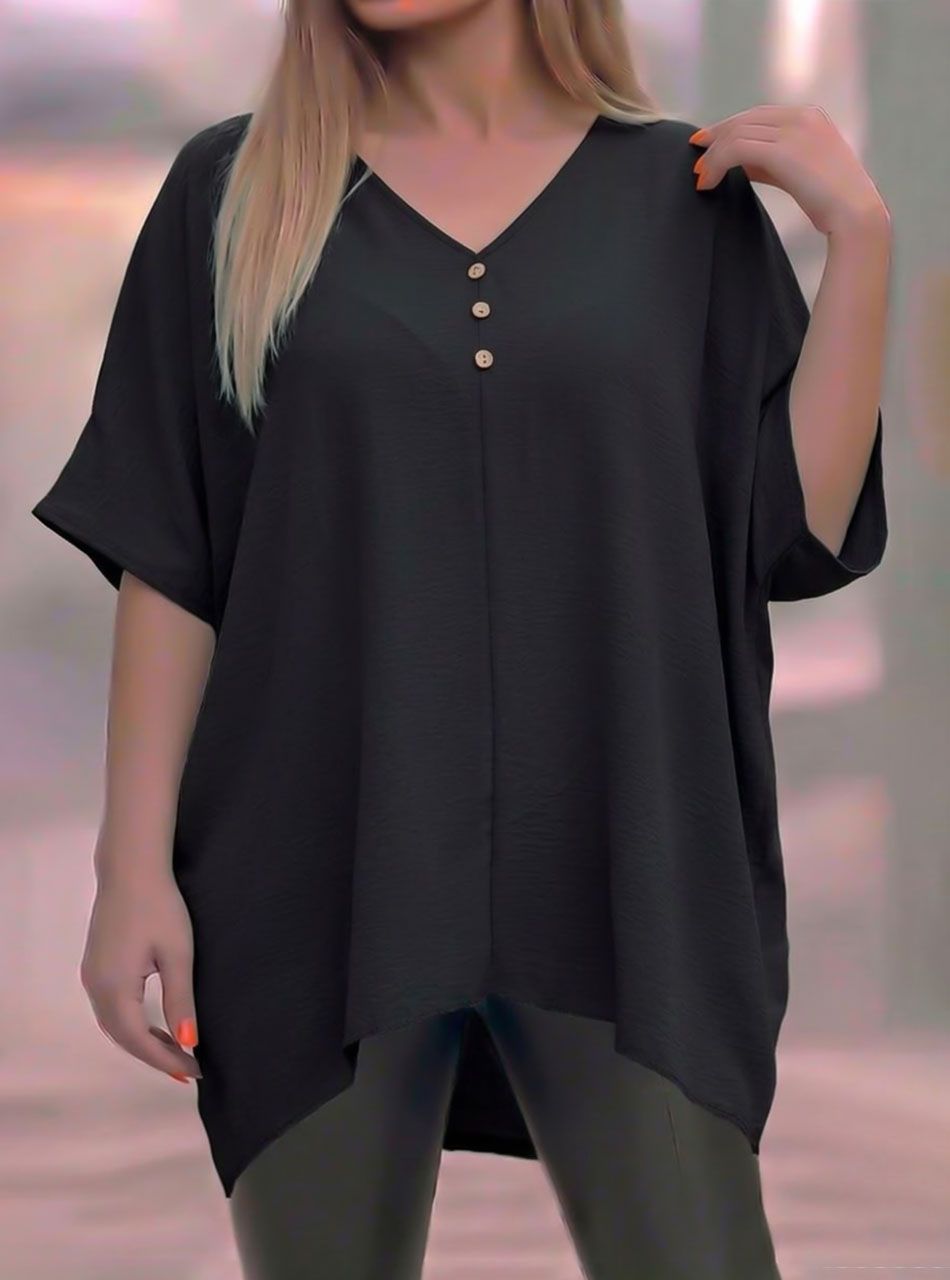 V nyakú, gombdíszes extra bő felső (fekete)