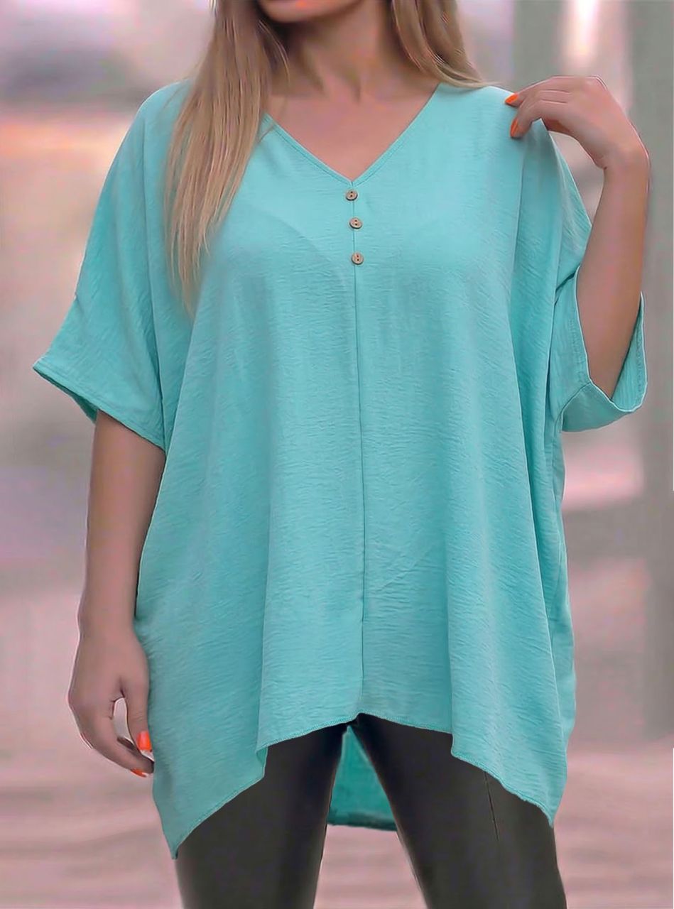 V nyakú, gombdíszes extra bő felső (menta)