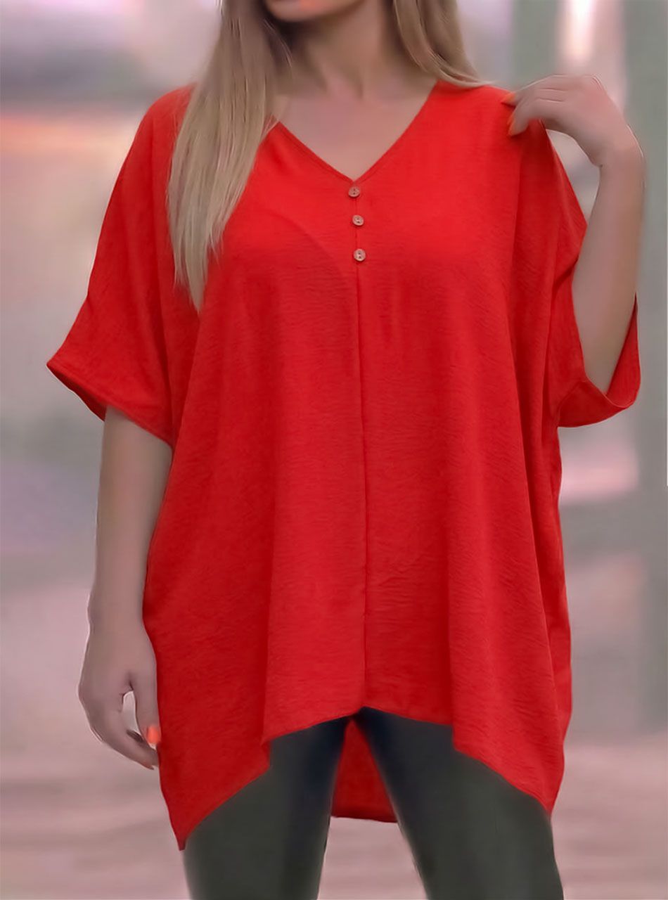 V nyakú, gombdíszes extra bő felső (piros)