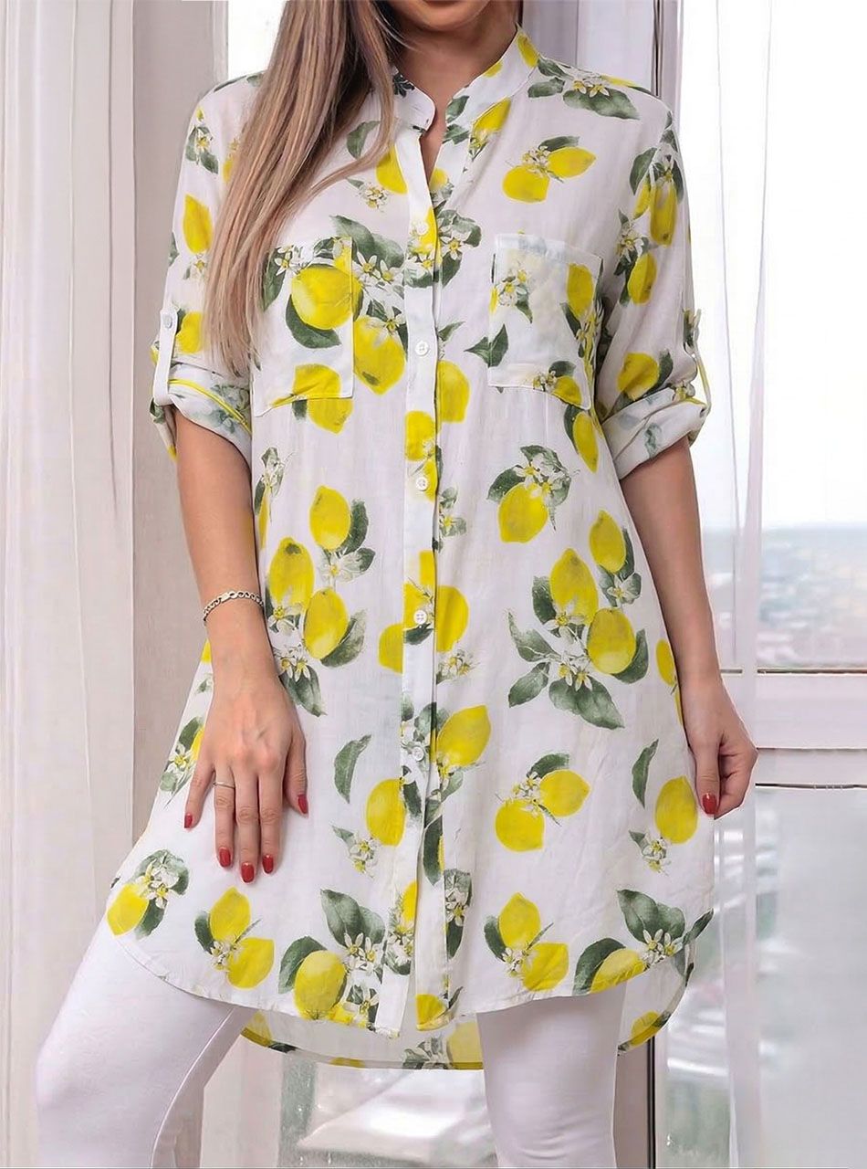 Felgombolható ujjú, mintás zsebes ingtunika I.