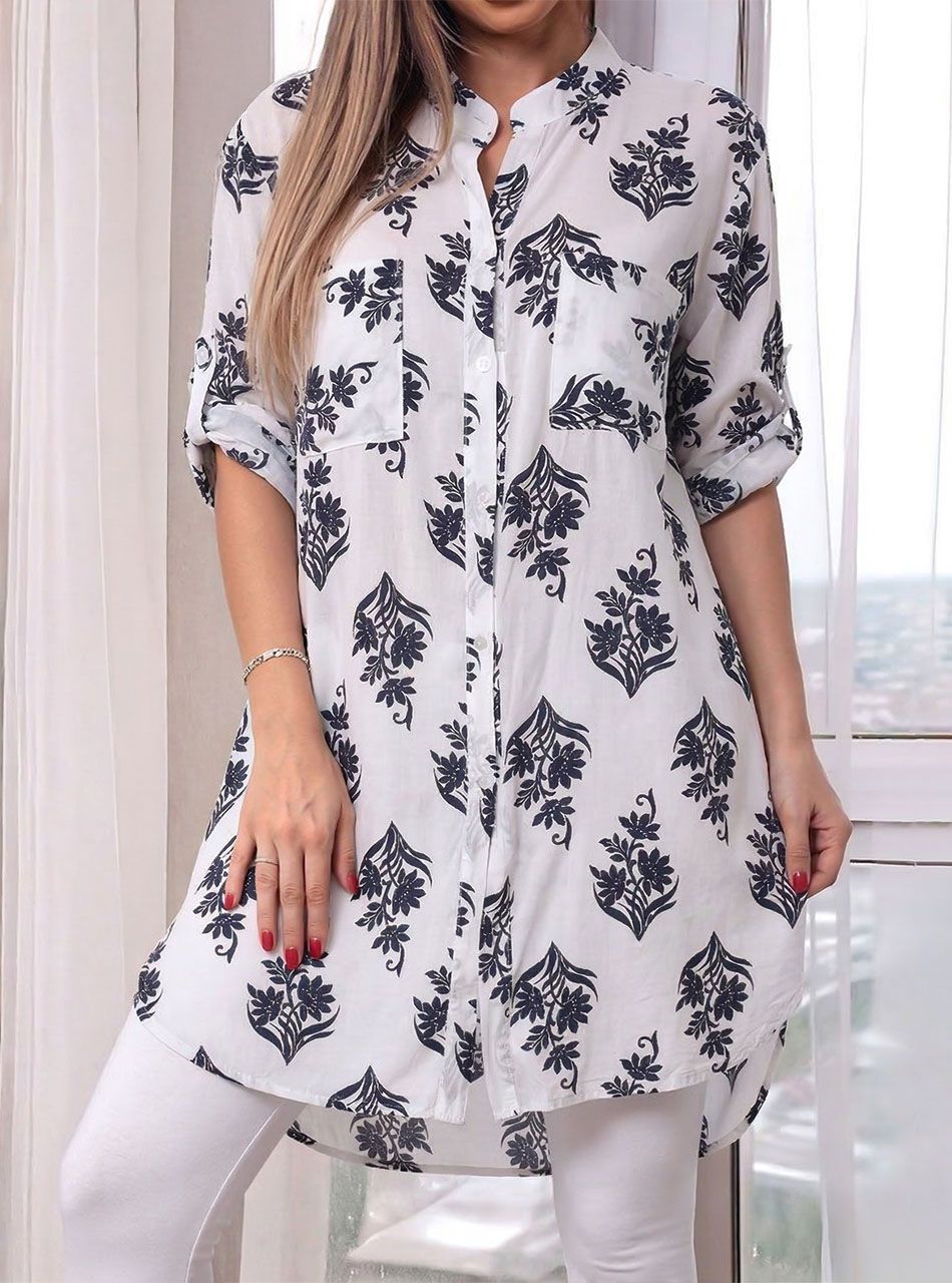 Felgombolható ujjú, mintás zsebes ingtunika II.