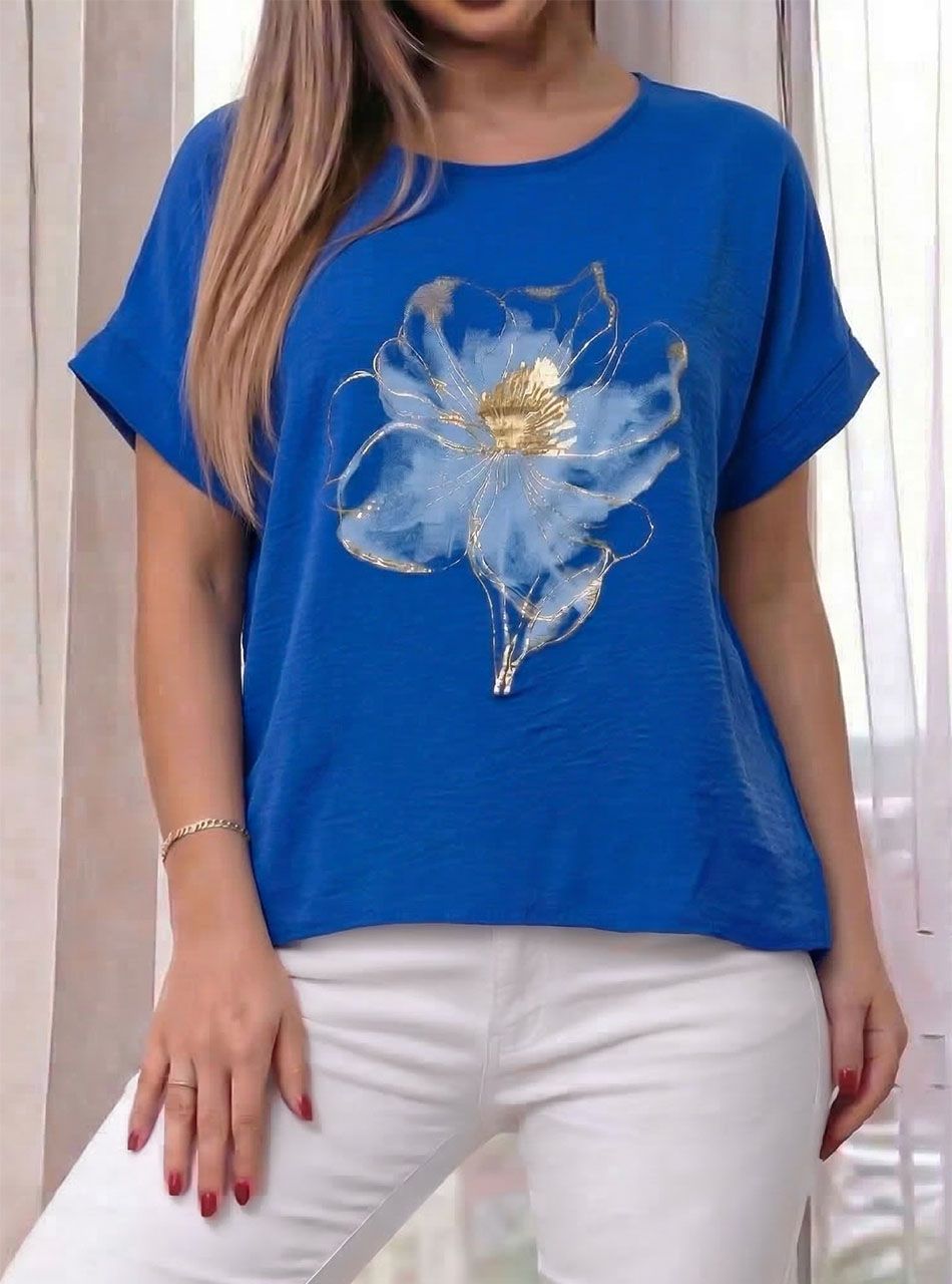 Virág mintás, gyűrt hatású lenge felső (királykék)