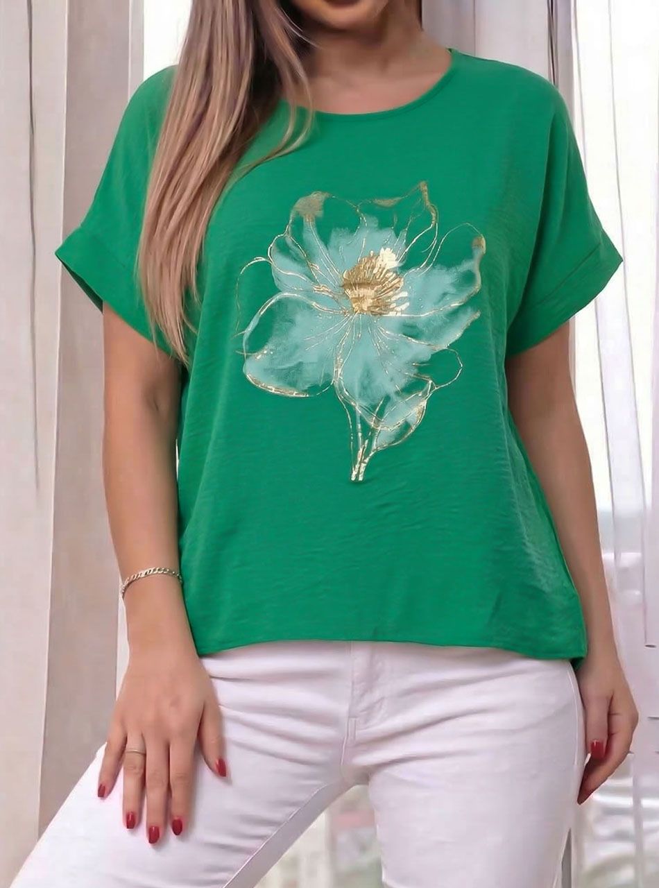 Virág mintás, gyűrt hatású lenge felső (zöld II.)