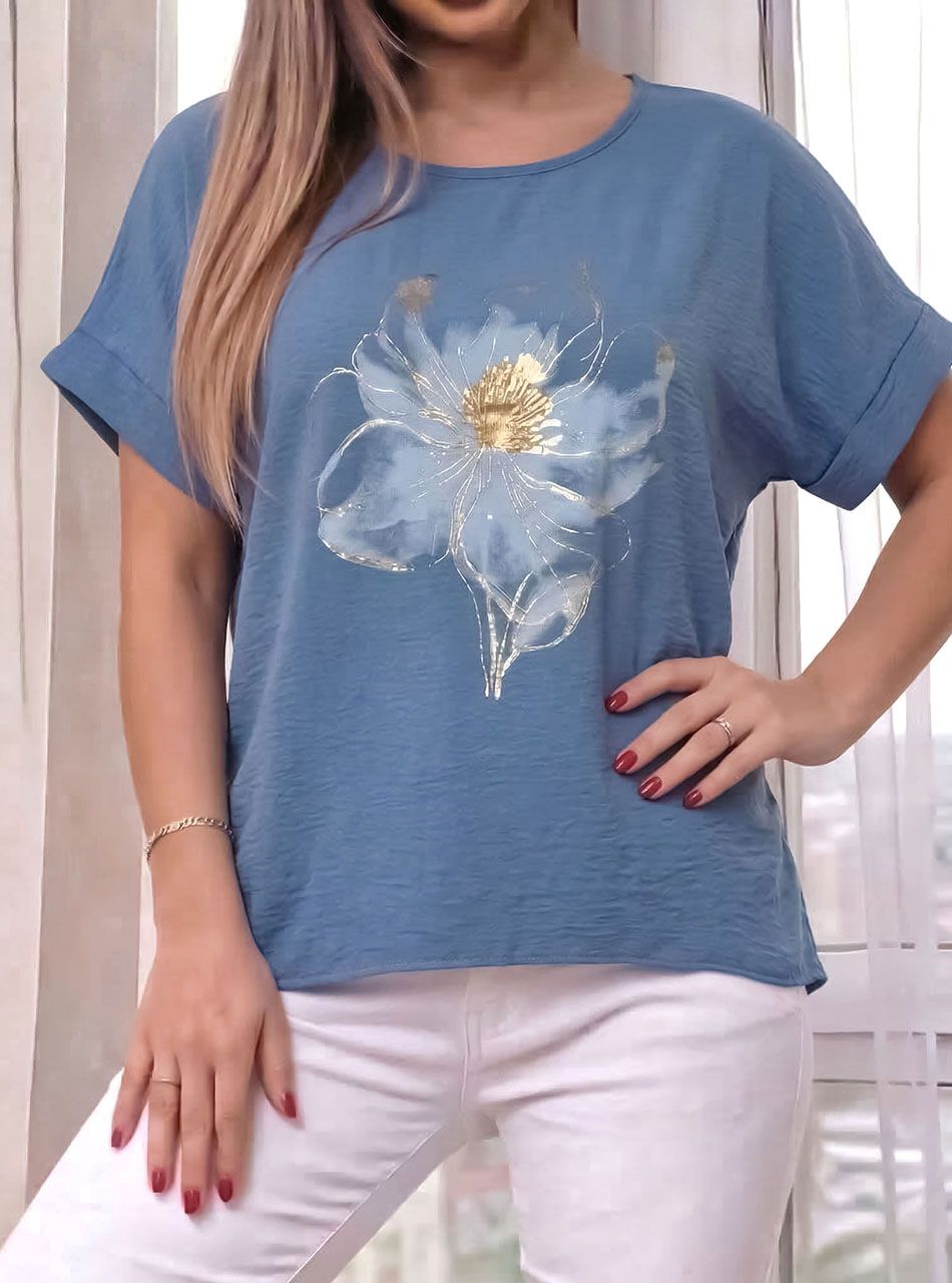 Virág mintás, gyűrt hatású lenge felső (farmerkék)