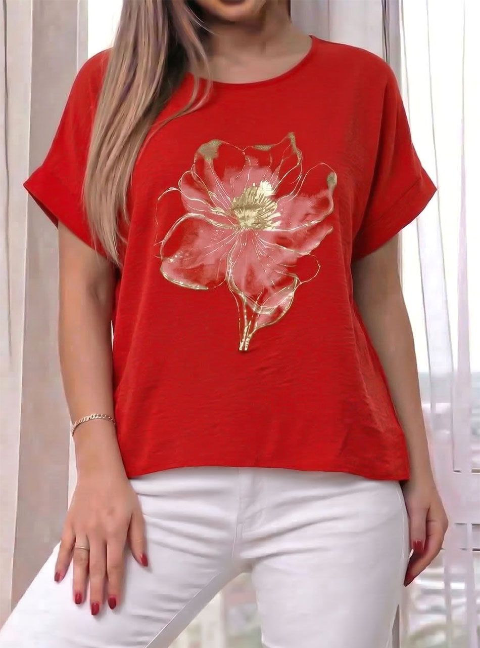 Virág mintás, gyűrt hatású lenge felső (piros)