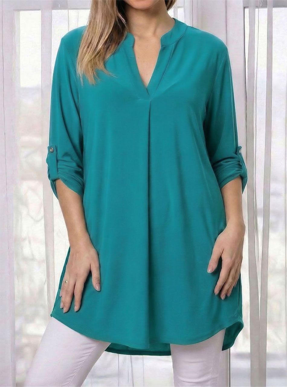 Felgombolható ujjú, V nyakú tunika (türkizzöld II.)