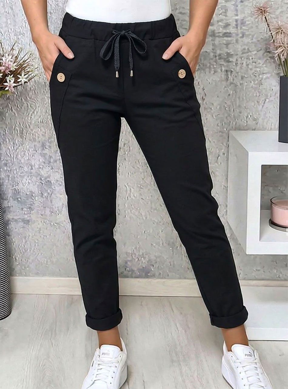 Gombdíszes, zsebes nadrág (fekete)