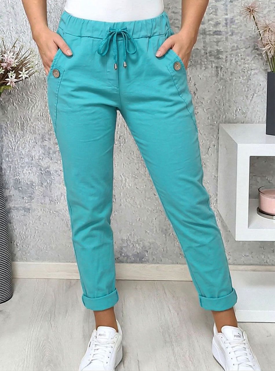 Gombdíszes, zsebes nadrág (türkizzöld)