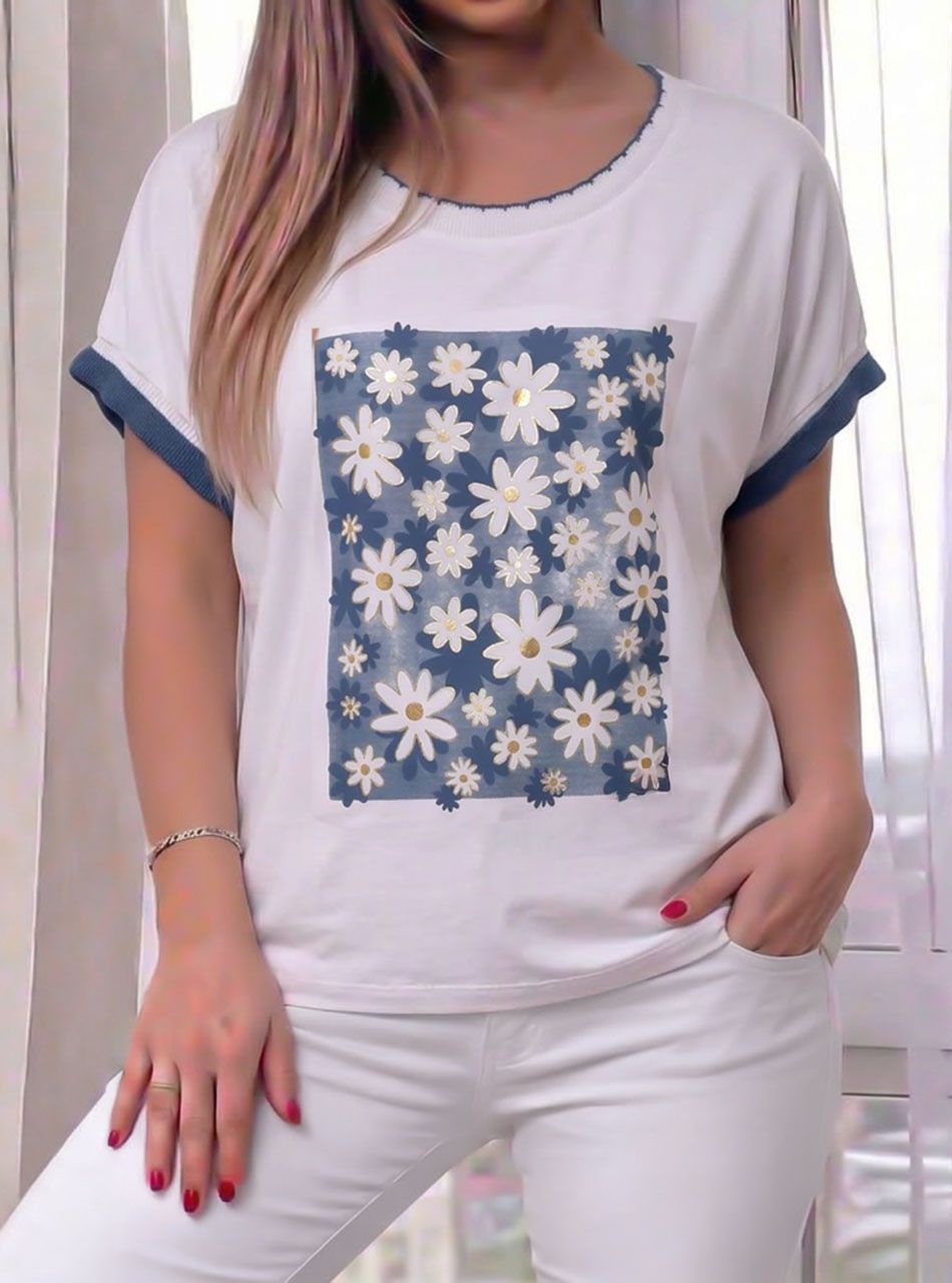 Fodros ujjú, nyomott mintás felső (farmerkék)