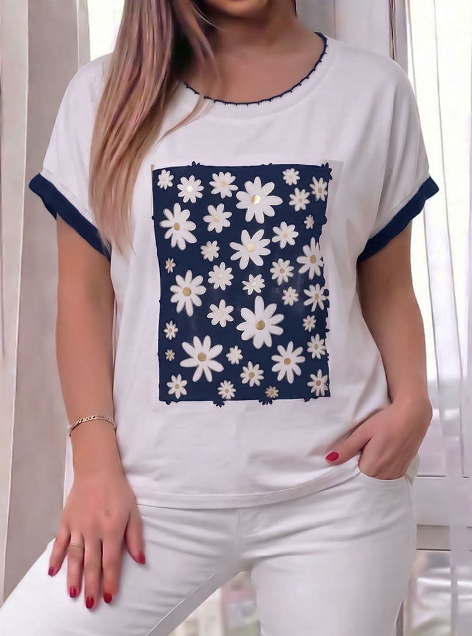 Fodros ujjú, nyomott mintás felső (sötétkék)