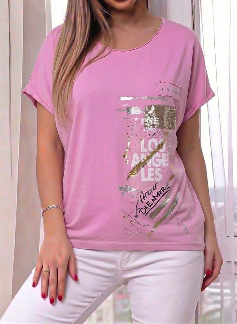 LOS ANGELES feliratos, mintás felső (rózsaszín)