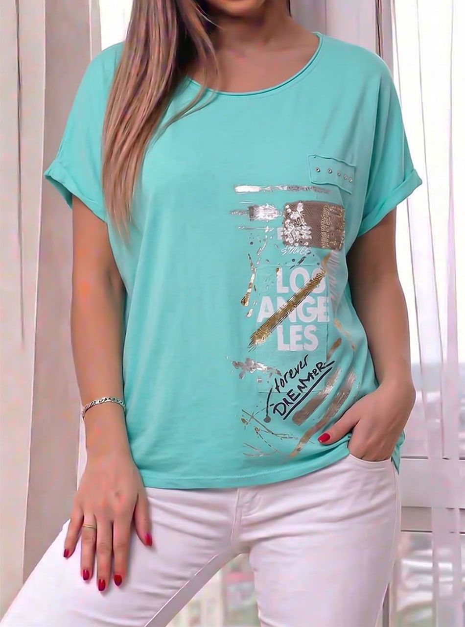 LOS ANGELES feliratos, mintás felső (menta)