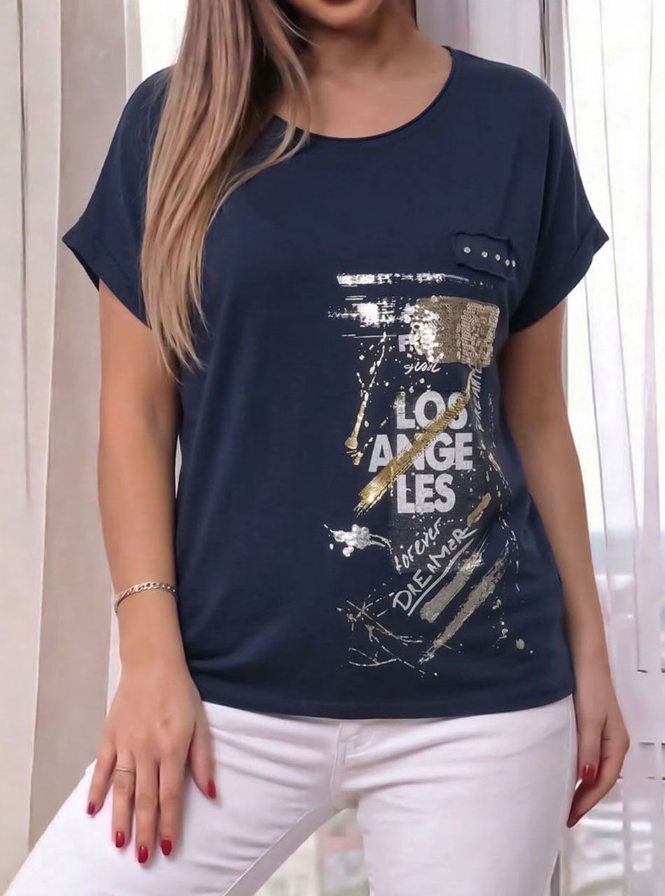 LOS ANGELES feliratos, mintás felső (sötétkék)