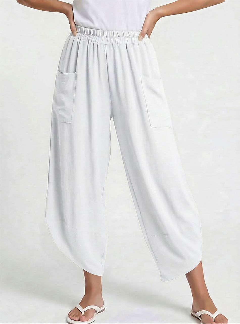 Elöl zsebes, gyűrt hatású lenge nadrág (fehér)