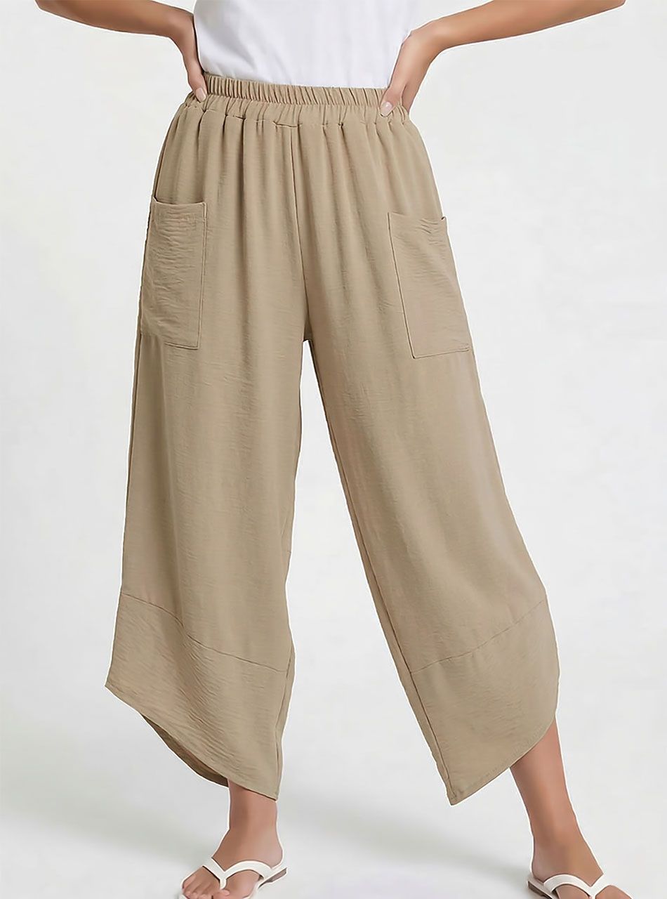 Elöl zsebes, gyűrt hatású lenge nadrág (tejeskávé)