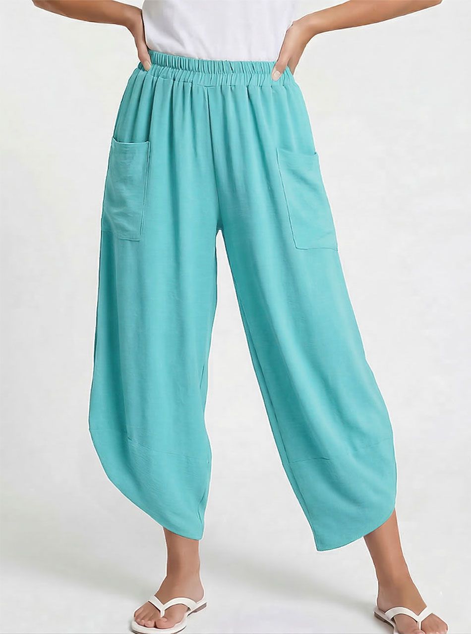 Elöl zsebes, gyűrt hatású lenge nadrág (menta)