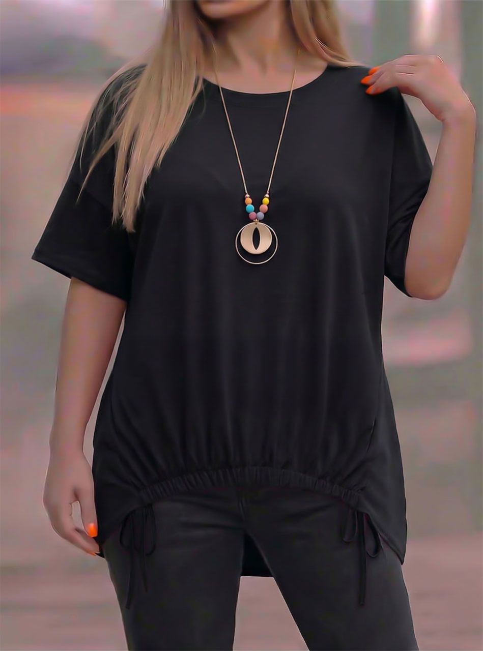 Elöl gumis, kétoldalt köthető nyakláncos felső (fekete)