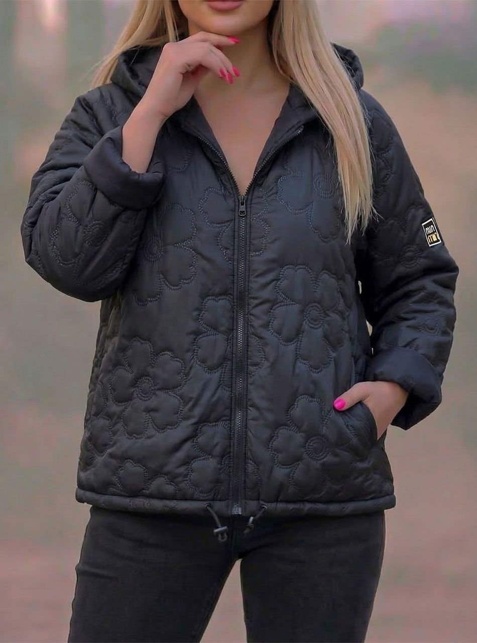 Virág mintás, kapucnis átmeneti kabát (fekete)