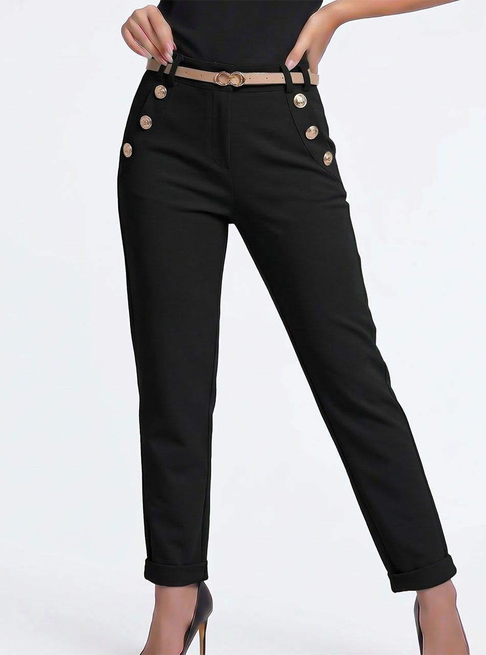 Díszgombos, díszzsebes nadrág övvel (fekete)