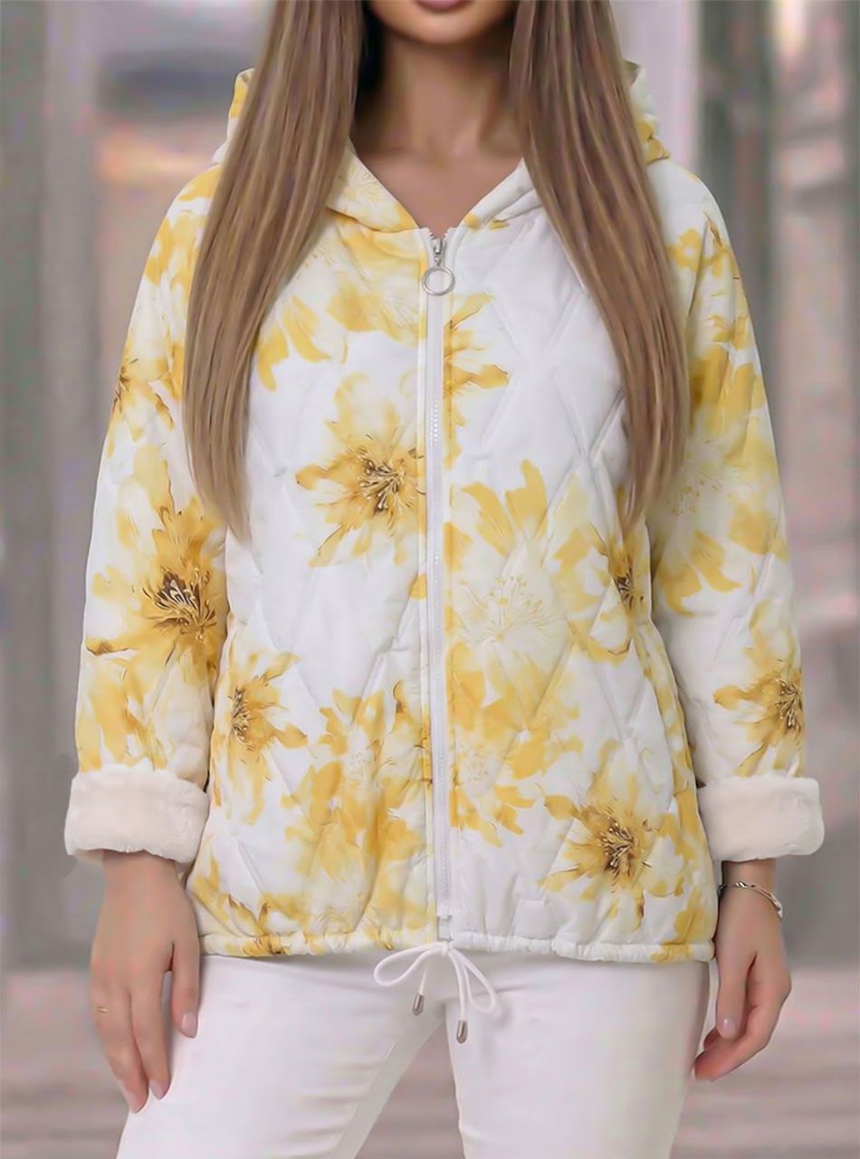 Virág mintás-kapucnis, zsebes kabát (sárga)