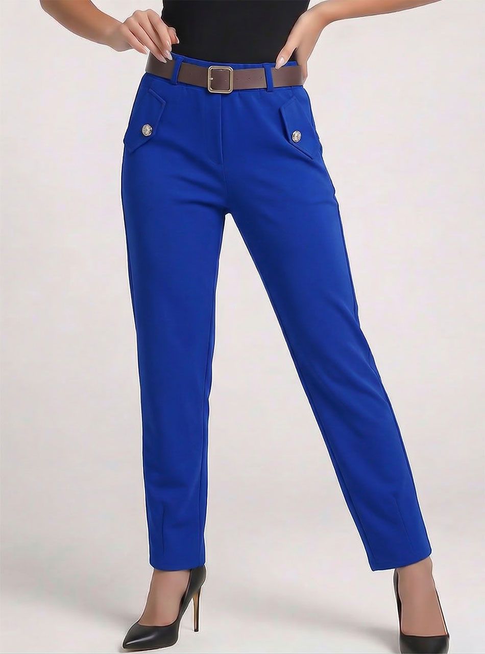 Gombdíszes-zsebes, gumis derekú nadrág övvel (királykék)