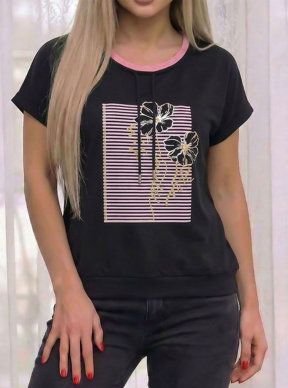 Nyaknál húzható, virág mintás passzés aljú felső (fekete)