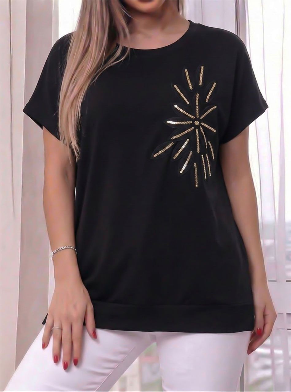 Kétoldalt felvágott, flitteres-hímzett virág mintás felső (fekete)