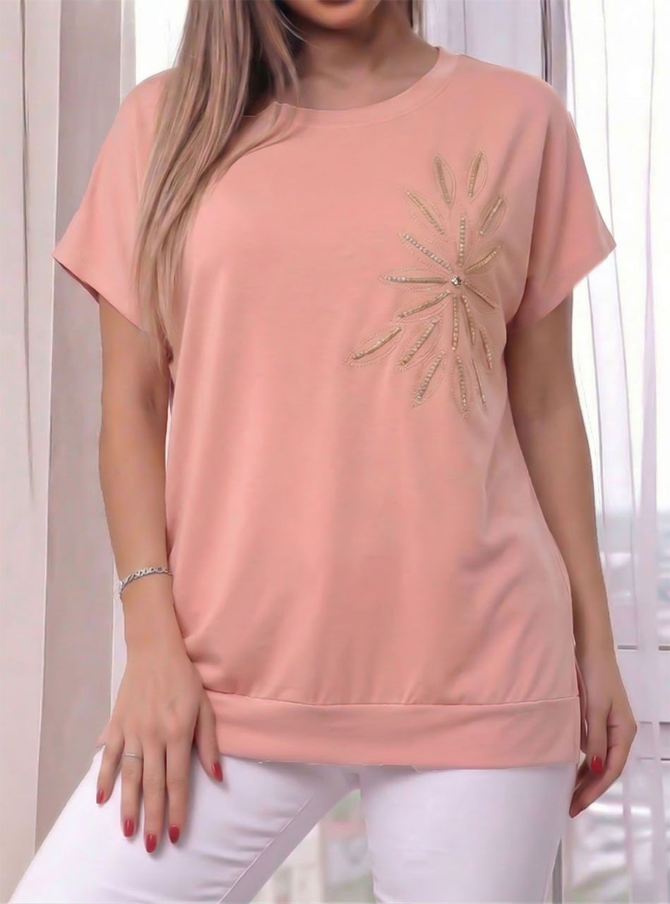 Kétoldalt felvágott, flitteres-hímzett virág mintás felső (barack)