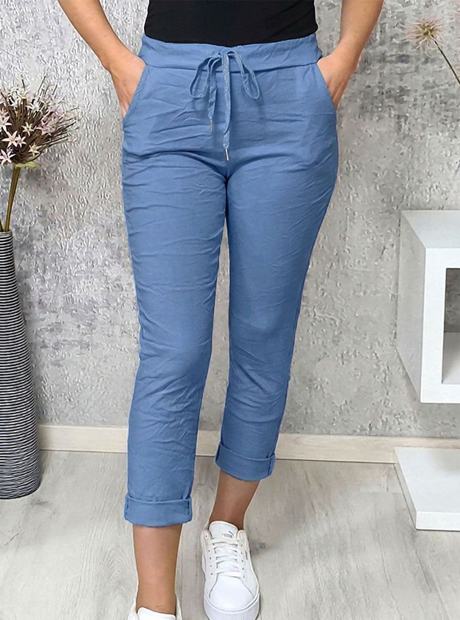 Gyűrt hatású, zsebes nadrág (farmerkék)