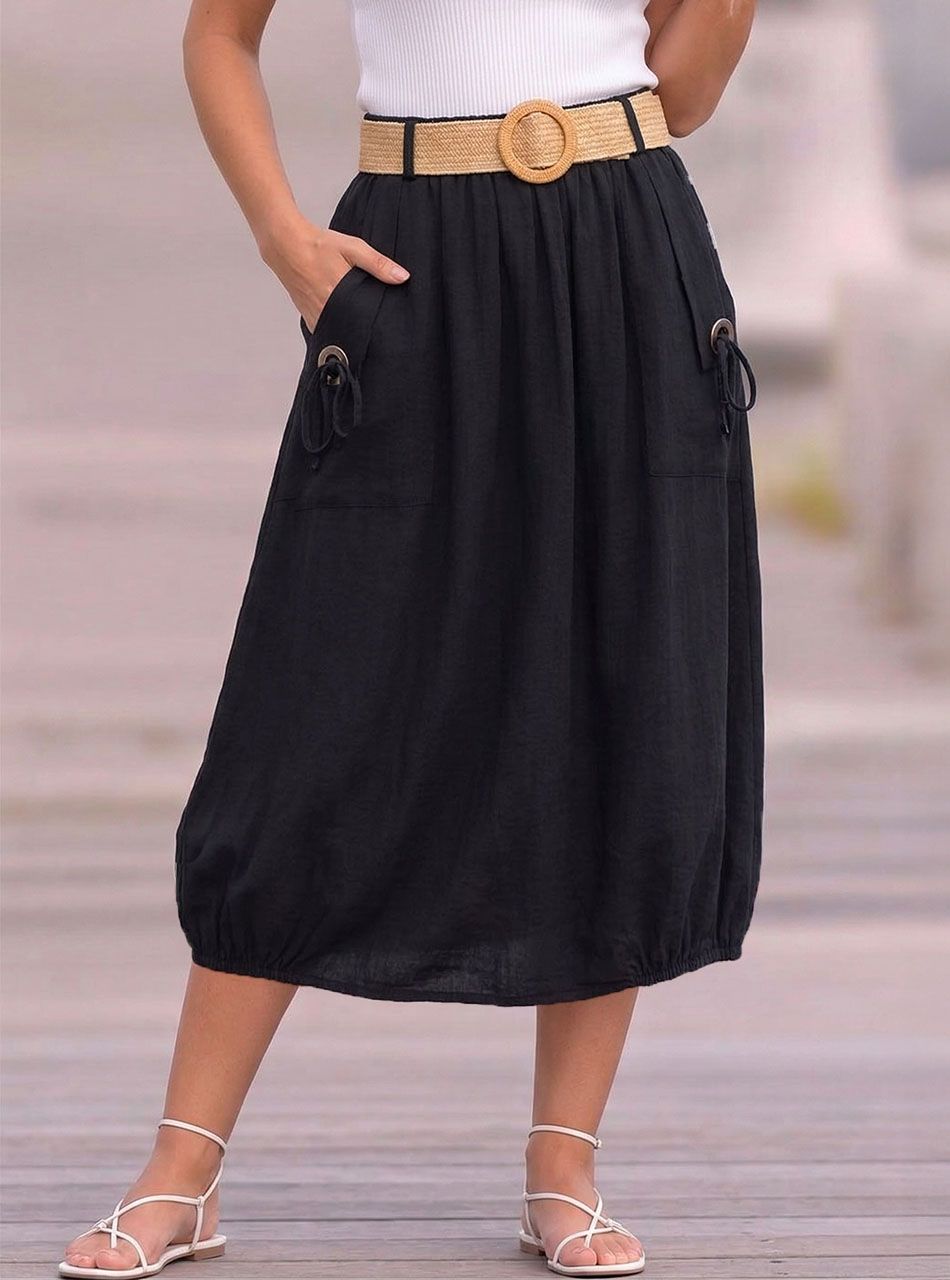 Gombdíszes, gumis derekú szoknya övvel (fekete)