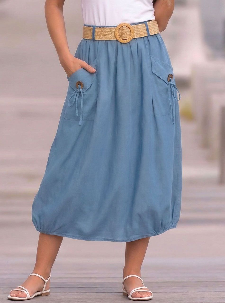 Gombdíszes, gumis derekú szoknya övvel (farmerkék)