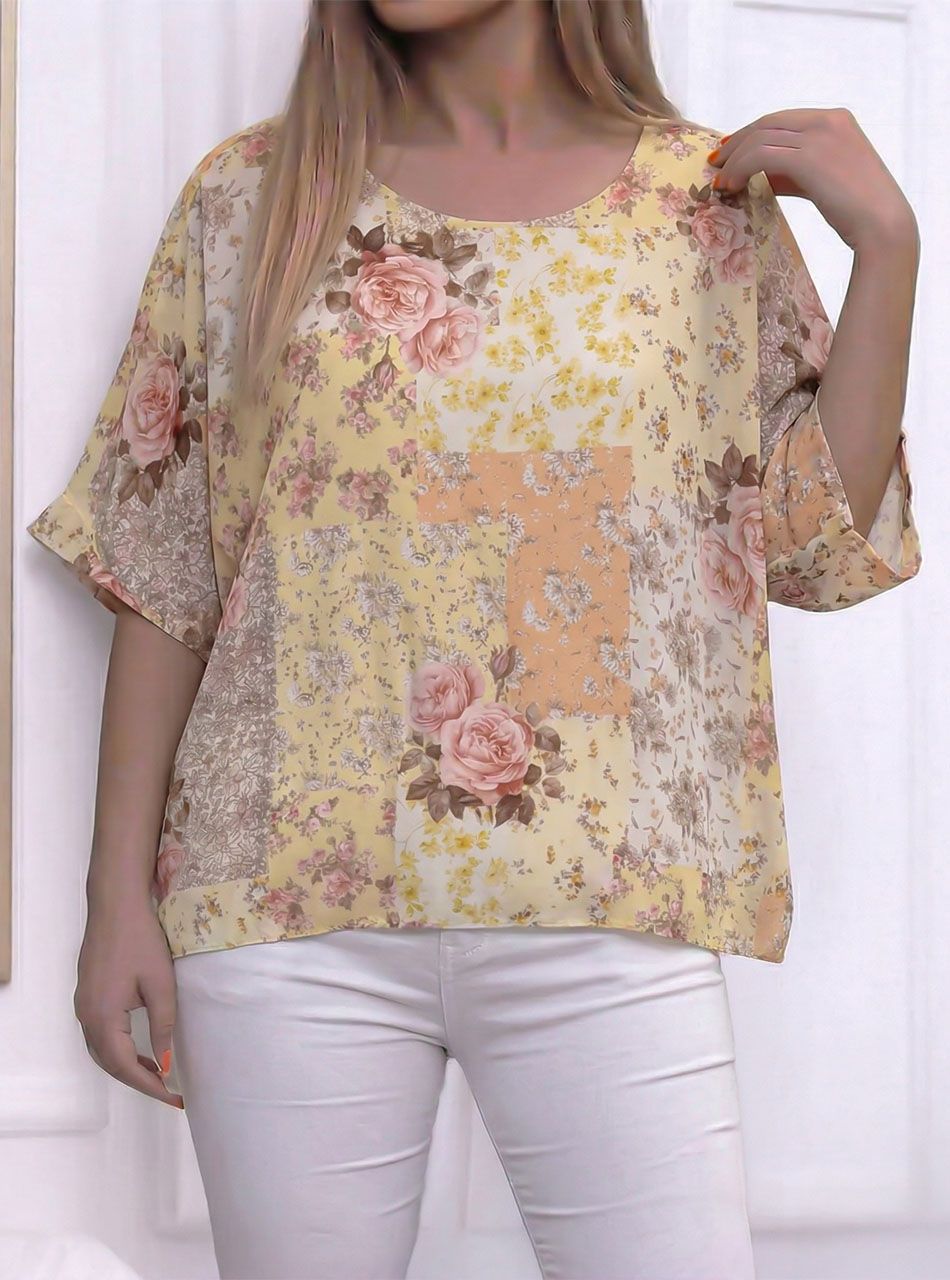 Virág mintás, lenge muszlin felső (sárga)