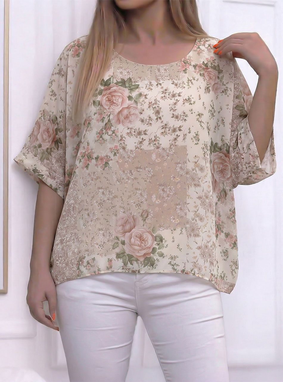 Virág mintás, lenge muszlin felső (bézs)