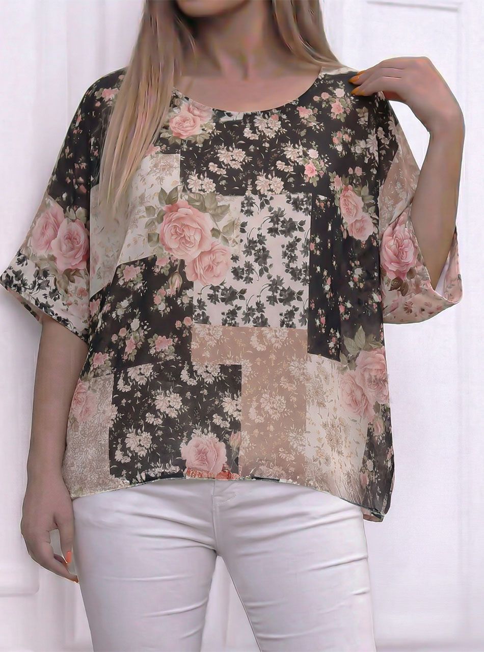 Virág mintás, lenge muszlin felső (fekete)