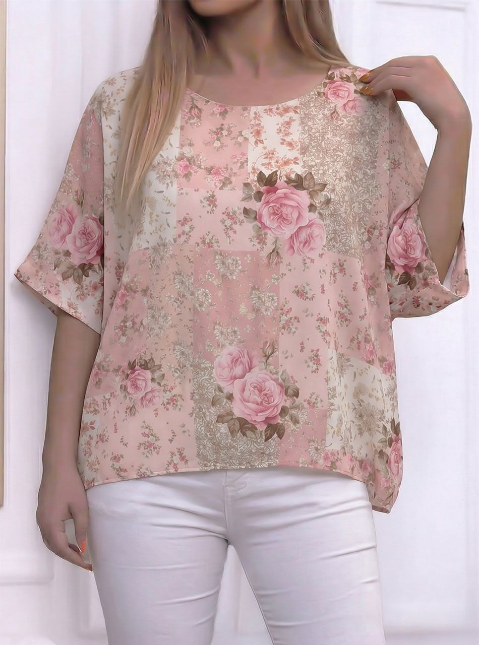 Virág mintás, lenge muszlin felső (púder)