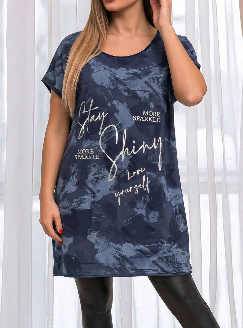 Ezüst feliratos, mintás ruha (sötétkék)