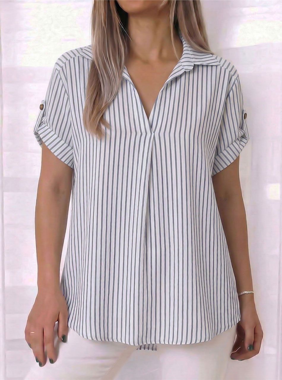 Felgombolható ujjú, V nyakú galléros felső (szürke)