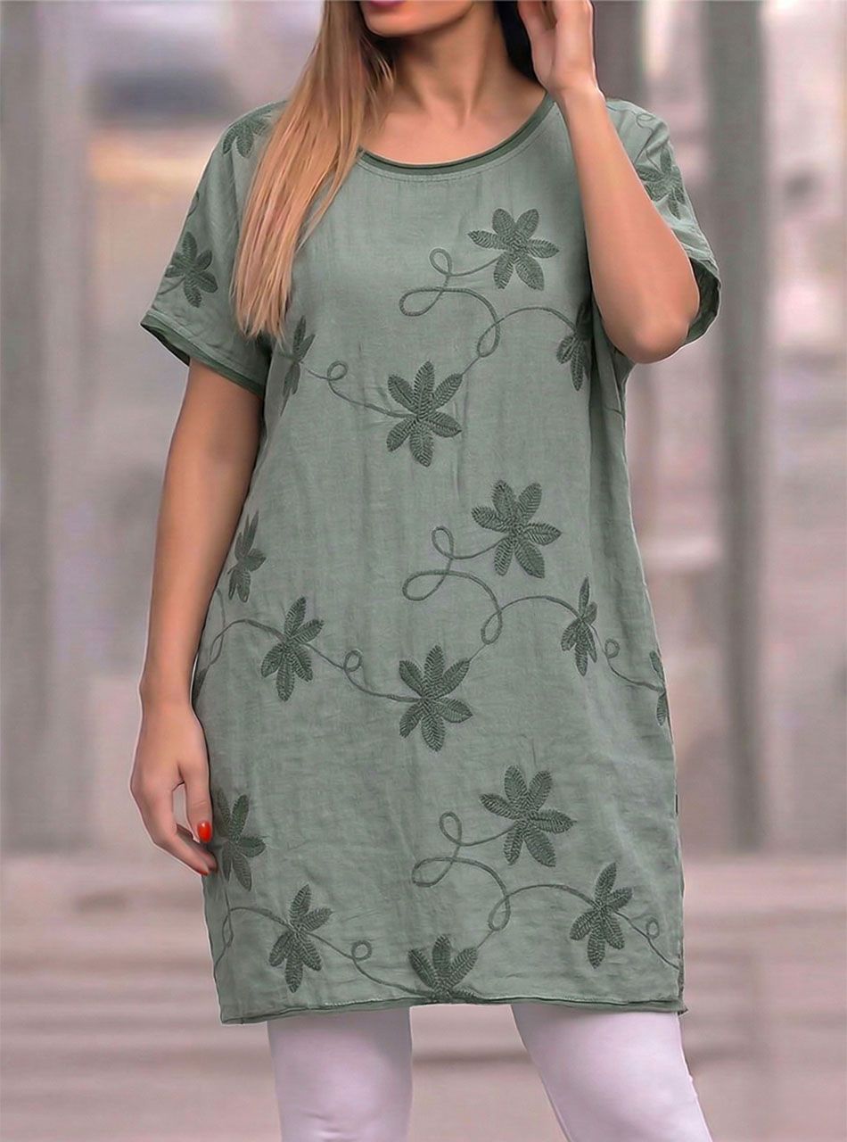 Hímzett virág mintás ruha (kheki)