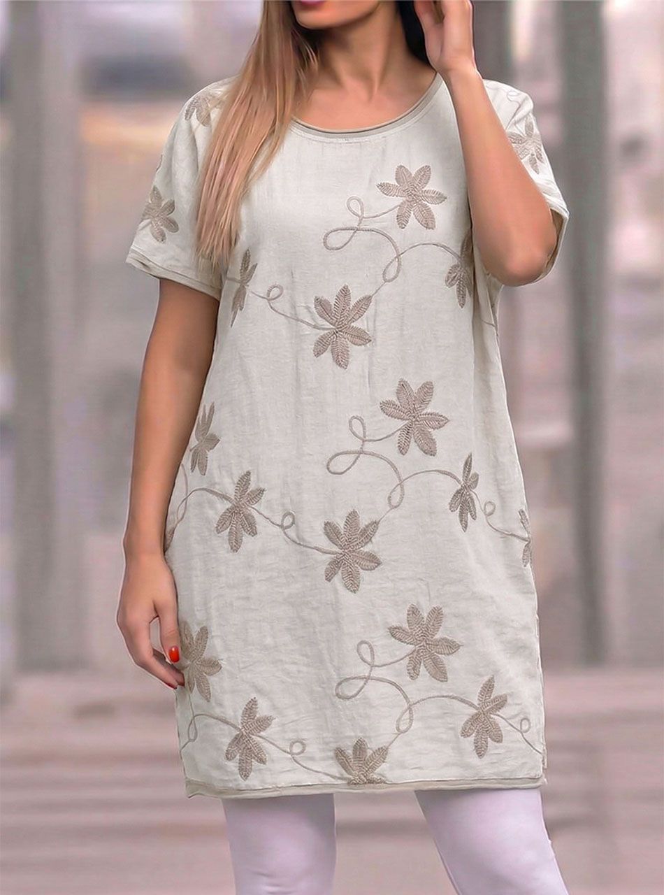 Hímzett virág mintás ruha (bézs)