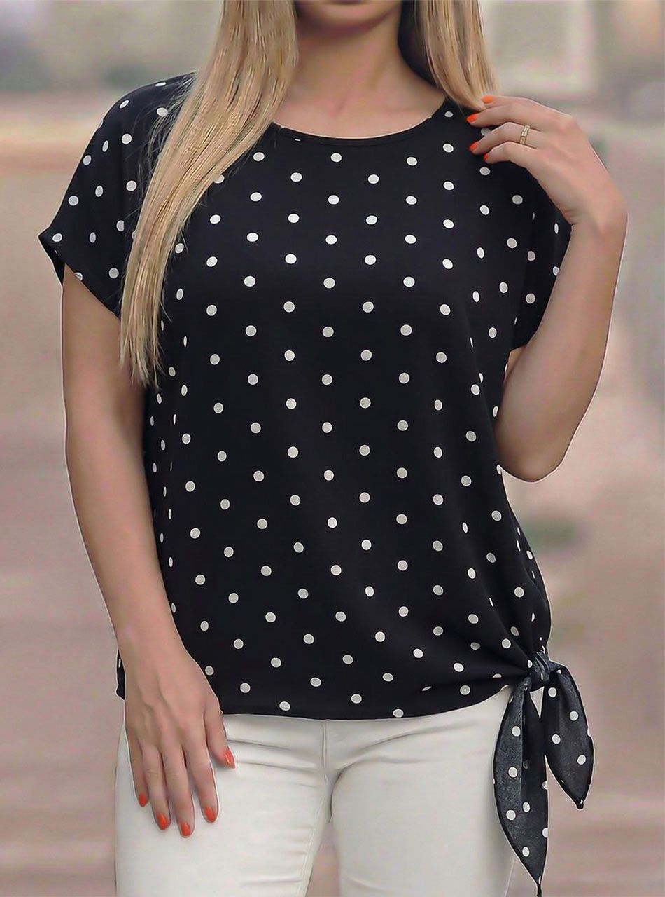 Oldalt kötős, pöttyös felső (fekete)