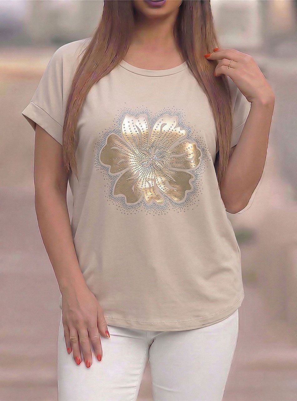 Strasszos, virág mintás felső (bézs)