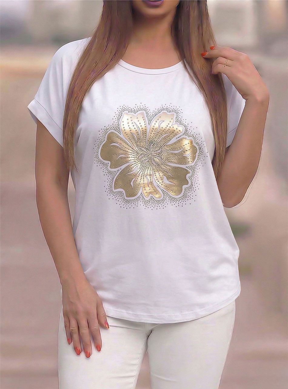 Strasszos, virág mintás felső (fehér)