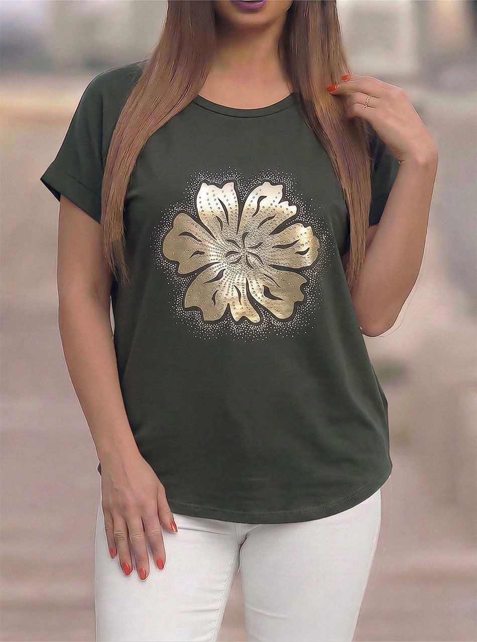 Strasszos, virág mintás felső (kheki)