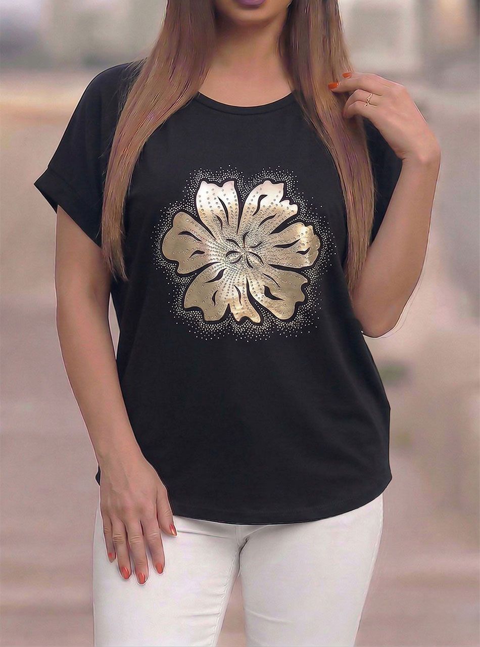 Strasszos, virág mintás felső (fekete)