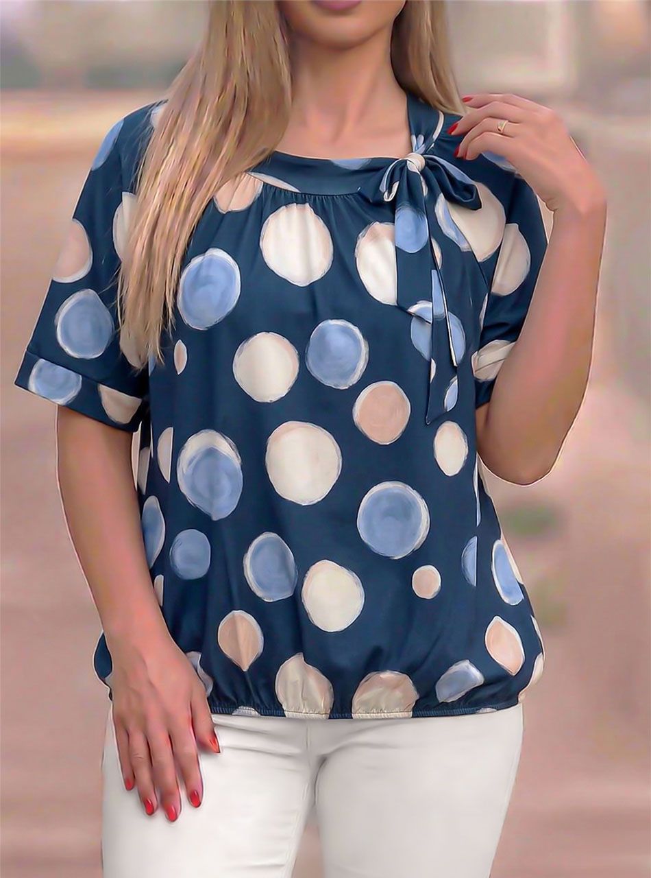 Nyaknál kötős, gumis aljú pöttyös felső (sötétkék)